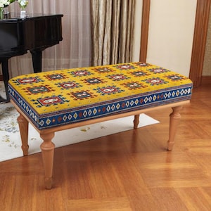 Colorful yellow tribal pattern bench, boho accent for entryway, mudroom or bedroom, printed ethnic ottoman for vibrant home decor