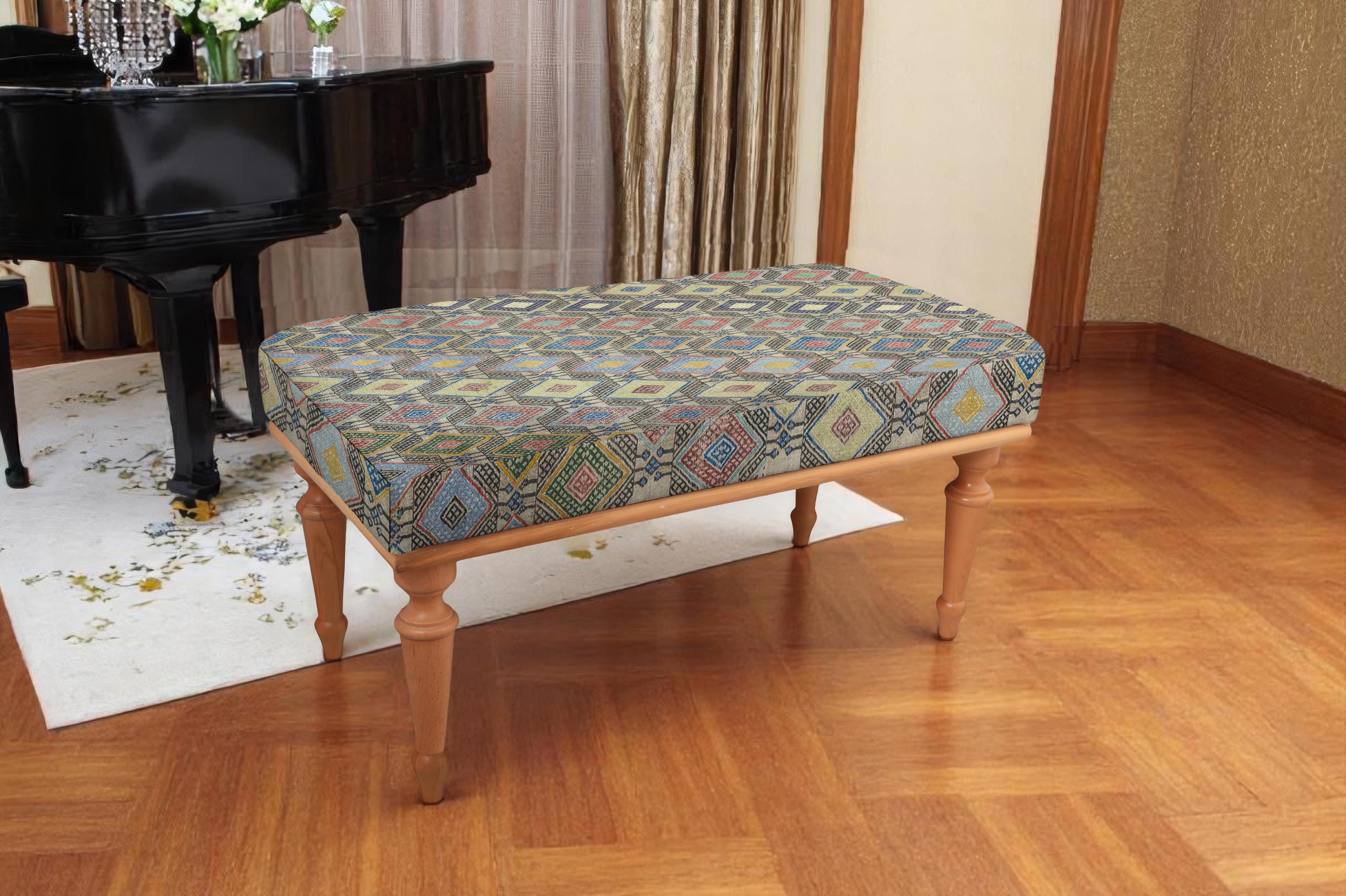 Kilim Upholstered Ottoman Bench: Boho Entryway Decor, Hardwood Frame
