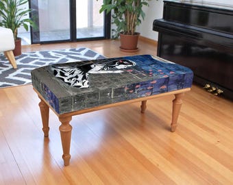 Romantic art print bench with moonlight girl design – purple black ottoman for bedroom, hallway or studio decor – modern seat
