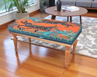 Leopard Print Bench | Handmade Ottoman with Jungle Theme, Exotic Animal Decor for Entryway Seating, Living Room Accent, Bedroom End of Bed