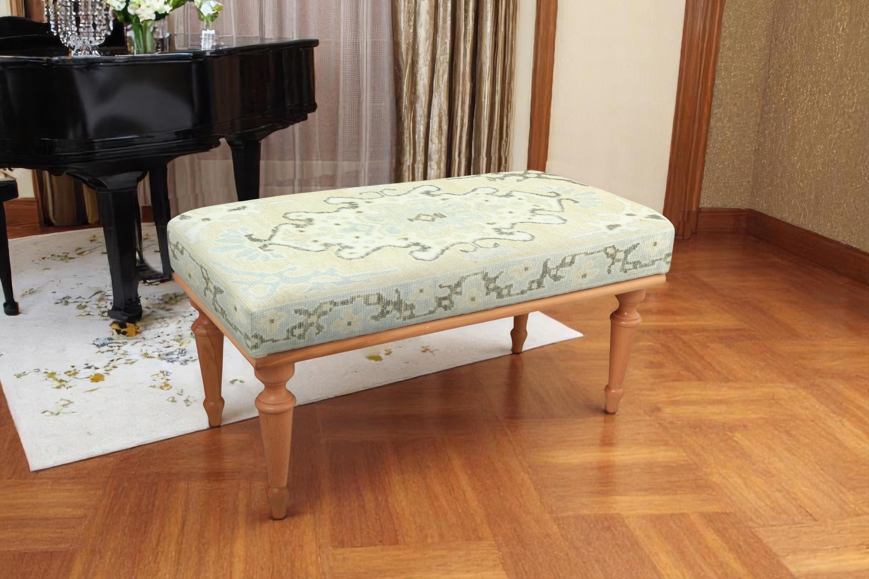 Turkish Rug Upholstered Bench: Floral Centerpiece, Solid Wood Legs