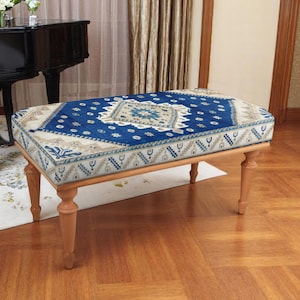 Vintage Turkish Rug Bench in Navy and Beige, Kilim Style Upholstered Ottoman, Boho Entryway or Bedroom Accent Seating Furniture