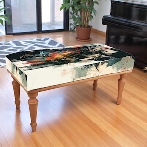 Vintage camera themed bench with industrial abstract print – stylish printed ottoman for hallway, entryway or creative studio decor