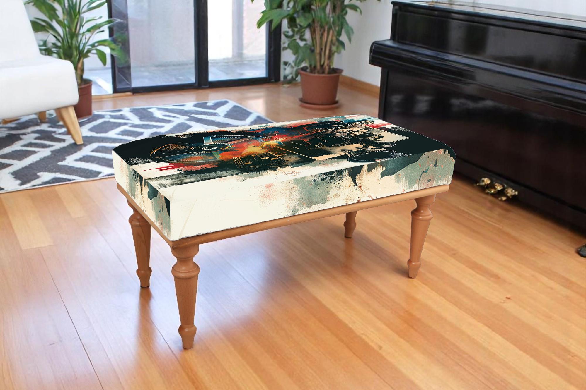 Vintage camera themed bench with industrial abstract print – stylish printed ottoman for hallway, entryway or creative studio decor