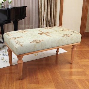Cream and brown bench with tribal print fabric, perfect for boho entryway, hallway or bedroom seating, neutral home decor accent