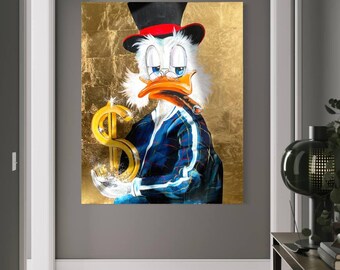 Сartoon Wall Art,Painting on Canvas,Duck Pop Art,Cartoon Gift Home Decor,Pop Art Wall Art,Street Art Painting,Money Art,Rich Duck Canvas