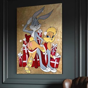 May include: A painting of Bugs Bunny and Lola Bunny in a Christmas scene. Bugs is sitting on a stack of presents and spanking Lola. The background is gold.
