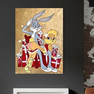 May include: A painting of Bugs Bunny and Lola Bunny in a Christmas setting. Bugs is wearing a Santa hat and holding a present. Lola is wearing a red dress and holding a present. They are both standing in front of a pile of presents.