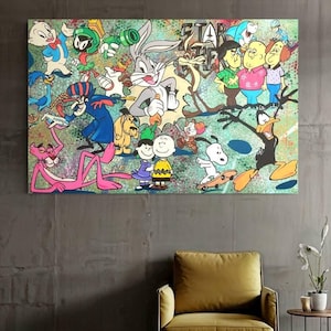 Arte de dibujos animados original, arte callejero moderno para pared, pintura de arte pop, 100 % pintado a mano, pintura de dibujos animados, pintura personalizada sobre lienzo, arte de regalo original