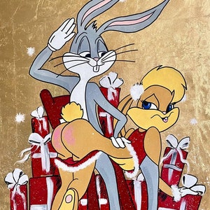 May include: A cartoon illustration of Bugs Bunny and Lola Bunny in a Christmas setting. Bugs is wearing a white glove and a Santa hat, and Lola is wearing a red dress with a white fur trim. They are surrounded by red and white wrapped presents.