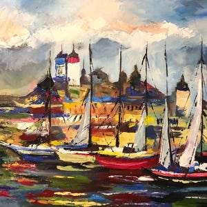 Pintura a óleo do mar, pintura a óleo original de paisagem marinha, arte abstrata de paisagem marinha, pintura de paisagem, pintura colorida abstrata, cidade portuária, arte do mar