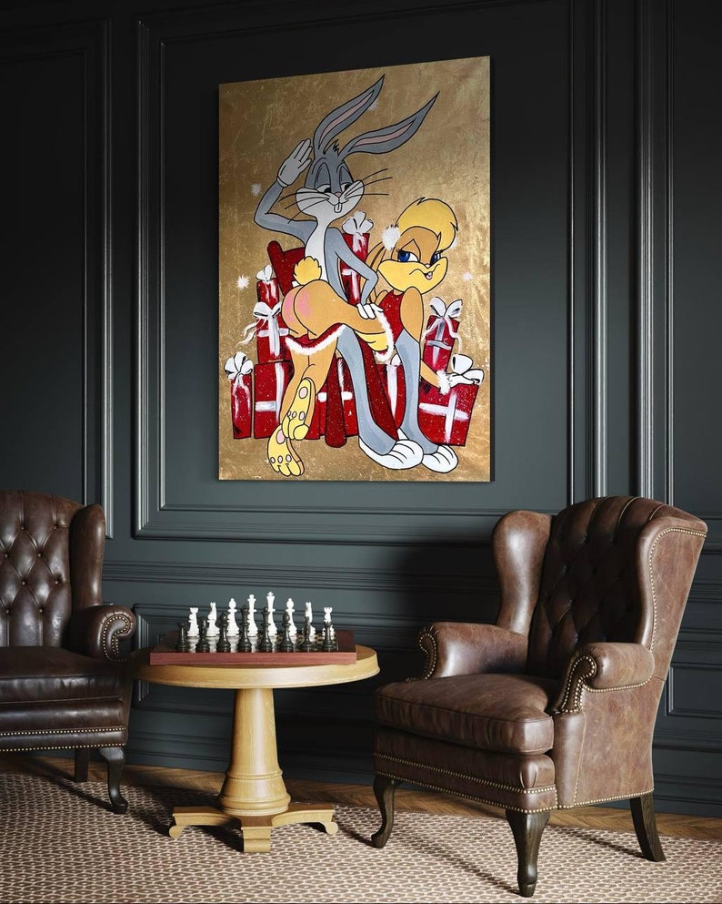 May include: A painting of Bugs Bunny and Lola Bunny in a Christmas scene. Bugs is sitting on a stack of presents and spanking Lola. The background is gold.
