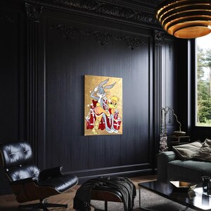 May include: A painting of Bugs Bunny and Tweety Bird sitting on a pile of presents. Bugs is wearing a red shirt and Tweety is wearing a yellow shirt. The background is gold.