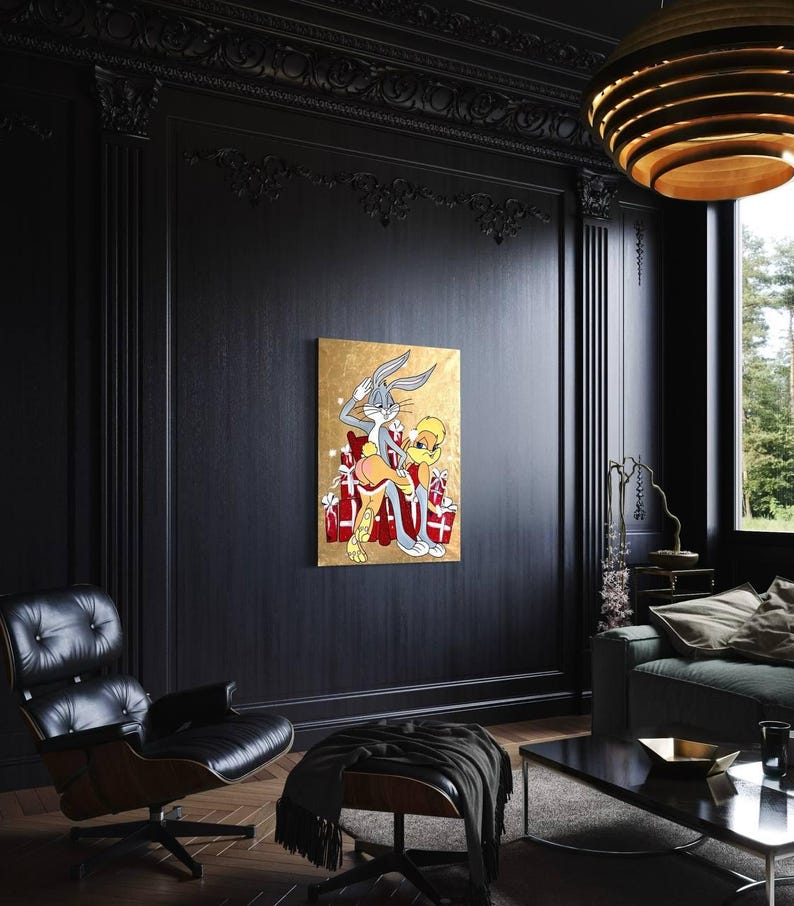 May include: A painting of Bugs Bunny and Tweety Bird sitting on a pile of presents. Bugs is wearing a red shirt and Tweety is wearing a yellow shirt. The background is gold.