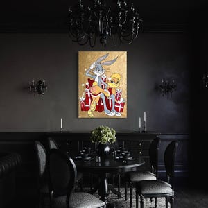 May include: A painting of Bugs Bunny and Tweety Bird sitting on a pile of red and white wrapped gifts. The background is a gold metallic color.