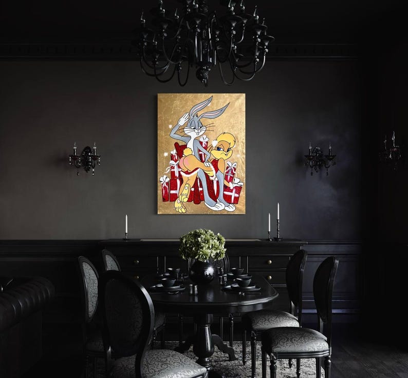 May include: A painting of Bugs Bunny and Tweety Bird sitting on a pile of red and white wrapped gifts. The background is a gold metallic color.