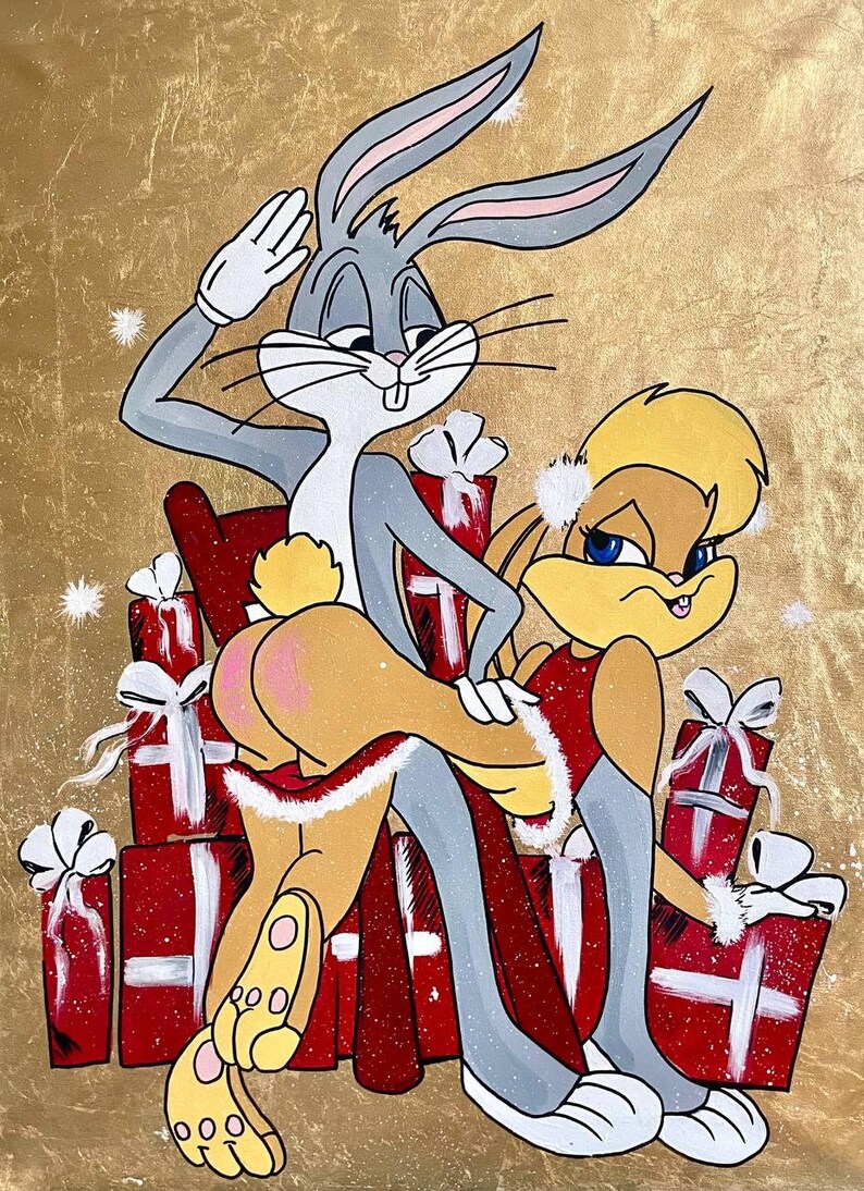 May include: A cartoon illustration of Bugs Bunny and Lola Bunny in a Christmas setting. Bugs is wearing a white glove and a Santa hat, and Lola is wearing a red dress with a white fur trim. They are surrounded by red and white wrapped presents.