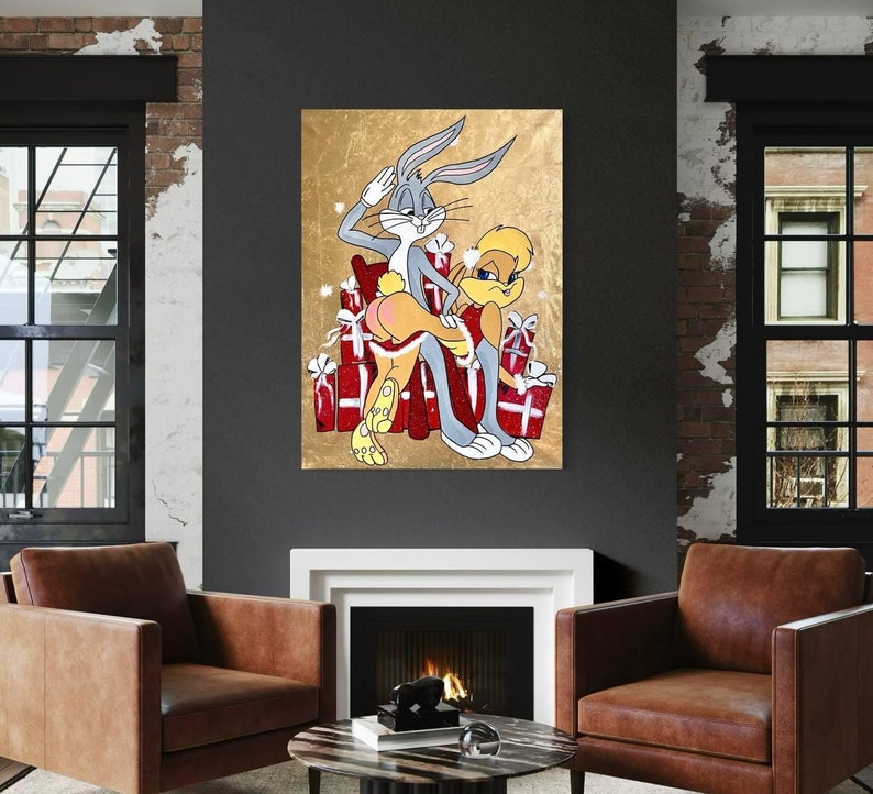 May include: A painting of Bugs Bunny and Lola Bunny in a Christmas setting. Bugs is wearing a Santa hat and holding a present. Lola is wearing a red dress and holding a present. They are both standing in front of a pile of presents.