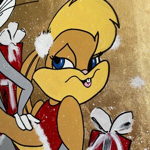 May include: A cartoon illustration of a female bunny with a red dress and a white fur trim. She is holding a red gift box with a white bow. The background is gold with white snowflakes.