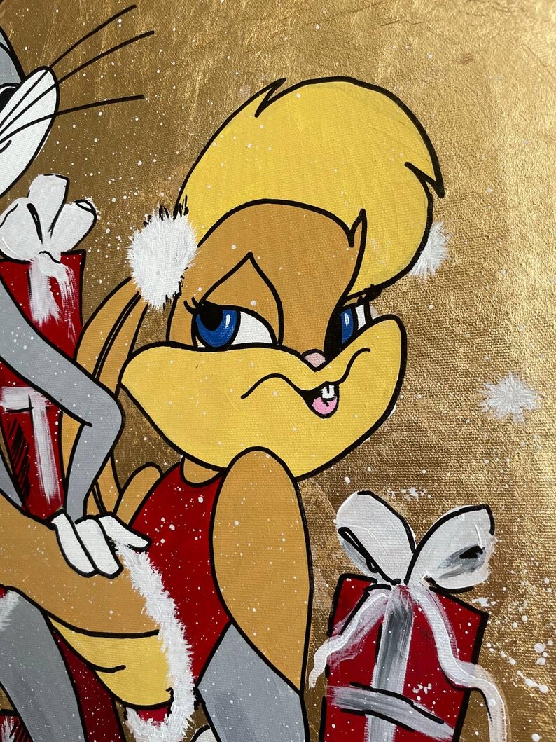 May include: A cartoon illustration of a female bunny with a red dress and a white fur trim. She is holding a red gift box with a white bow. The background is gold with white snowflakes.