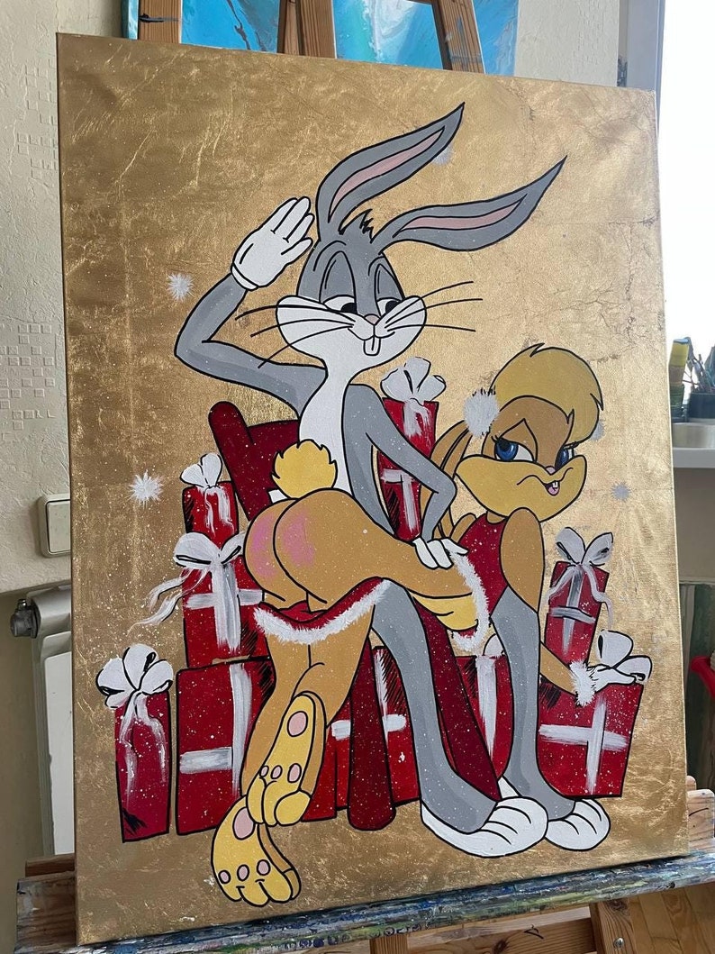 May include: A painting of Bugs Bunny and Lola Bunny in a Christmas setting. Bugs is wearing a white glove and saluting, while Lola is sitting on his lap. They are surrounded by red and white wrapped presents.