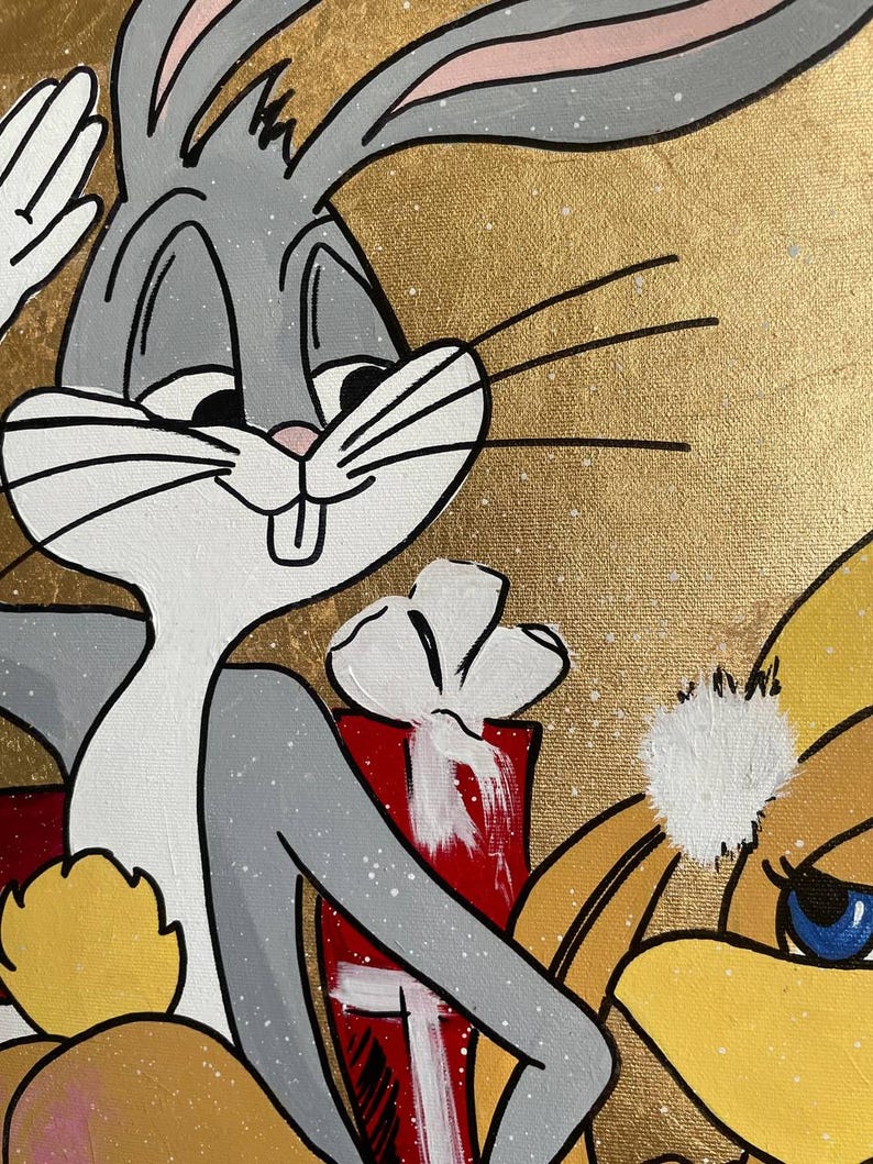 May include: A hand-painted canvas featuring Bugs Bunny and Tweety Bird. Bugs Bunny is wearing a gray suit and holding a red gift box. Tweety Bird is wearing a yellow dress and a white Santa hat. The background is gold with white speckles.