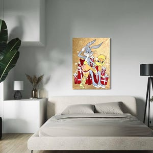 May include: A digital illustration of Bugs Bunny and Tweety Bird sitting on a pile of wrapped presents. Bugs Bunny is wearing a Santa hat and holding a whip. Tweety Bird is wearing a red bow tie. The background is a gold color.