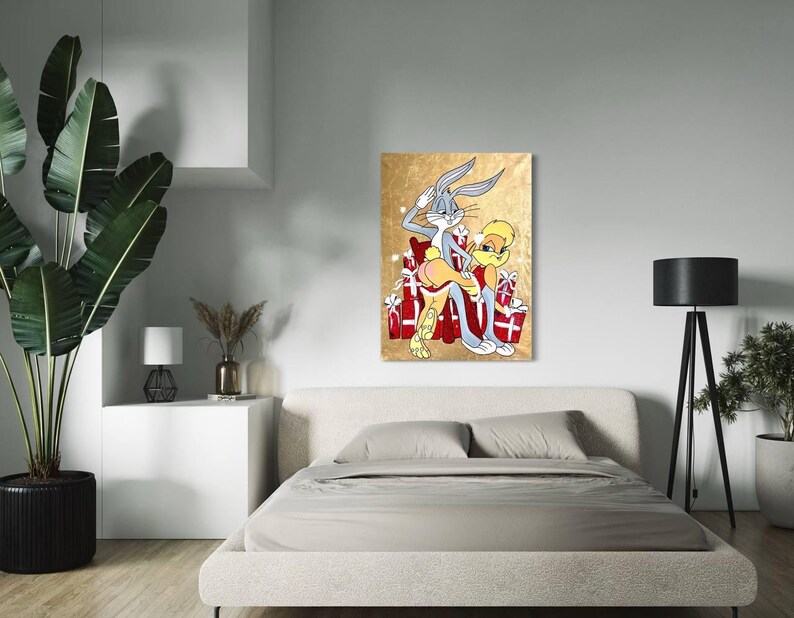 May include: A digital illustration of Bugs Bunny and Tweety Bird sitting on a pile of wrapped presents. Bugs Bunny is wearing a Santa hat and holding a whip. Tweety Bird is wearing a red bow tie. The background is a gold color.