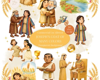 Joseph Bible Story clipart, vacht van vele kleuren, zondagsschool afdrukbare, oudtestamentische bijbelfiguren PNG, kinderen kerk les graphics