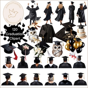 Graduierung Clipart Bundle, Graduierung PNG, Schwarze Mütze und Kleid Clipart, Senior Clipart, Diplom, Ballons, Graduierung Florals, Klasse von 2025