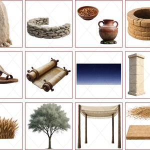 A digital preview page of specialized clipart for the Book of Ruth. The selection includes a traditional leather sandal and an ancient open scroll representing the legal transaction at the gate. Environmental props feature a standing stone monument, a low stone wall, a terracotta water jug, a stone well, and square limestone pillars. The page also showcases scene-building overlays including a deep blue starry night sky, a tasseled wedding canopy (Chuppah), and stalks of wheat growing in a field.