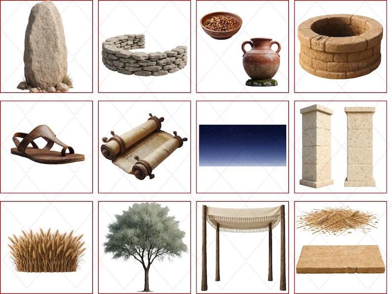 A digital preview page of specialized clipart for the Book of Ruth. The selection includes a traditional leather sandal and an ancient open scroll representing the legal transaction at the gate. Environmental props feature a standing stone monument, a low stone wall, a terracotta water jug, a stone well, and square limestone pillars. The page also showcases scene-building overlays including a deep blue starry night sky, a tasseled wedding canopy (Chuppah), and stalks of wheat growing in a field.