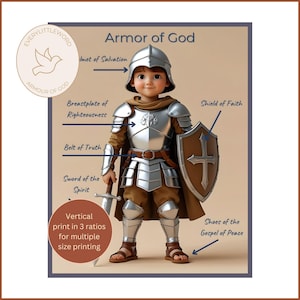 Rüstung Gottes im Cartoon-Stil | Christliches Kinderzimmerdekor, Bibelgeschichtendruck, Sonntagsschulklassenzimmerplakat, religiöses Geschenk