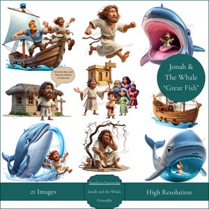 Jona und das Wal-Kinder-Clipart-Bundle, Digitaler Download, Bibel-Clipart, Biblische Clipart von Jona und dem Wal, christlicher Clipart