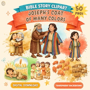 Joseph Bible Story Clipart, Coat of Many Colors, Sunday School Printable, Old Testament Bible Characters PNG, Kids Church Lesson Graphics