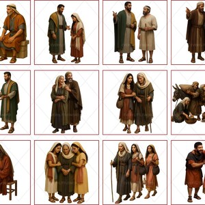 A display grid showing twelve different character clipart groupings from the Book of Ruth collection. The images include Boaz talking to the kinsman, Naomi and Ruth traveling, Naomi holding baby Obed, and various scenes of characters in biblical attire. Each high-resolution PNG figure is shown with a clean white background, highlighting the detail and quality of the digital illustrations.