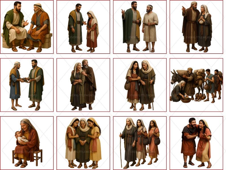 A display grid showing twelve different character clipart groupings from the Book of Ruth collection. The images include Boaz talking to the kinsman, Naomi and Ruth traveling, Naomi holding baby Obed, and various scenes of characters in biblical attire. Each high-resolution PNG figure is shown with a clean white background, highlighting the detail and quality of the digital illustrations.