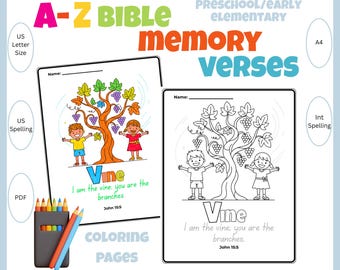 Páginas para colorear de versículos bíblicos para niños, 26 hojas imprimibles con el alfabeto, hojas para memorizar versículos bíblicos, tamaños carta (EE. UU.) y A4 incluidos.