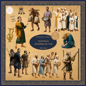 Peut inclure: Image numérique prête à imprimer avec des illustrations de personnages bibliques. L'image comprend des hommes portant des sacs et du poisson, et des personnes jouant d'instruments. Le texte indique "NEHEMIAH: Rebuilding the Wall" et "Bible Figures".