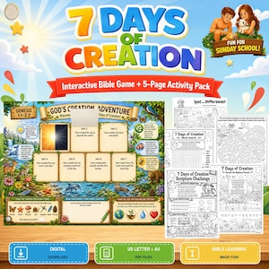 7 Days of Creation Bible Craft, Interactive Flip-Up Board Game with sequence cards plus find the hidden items game, Sunday School Activities