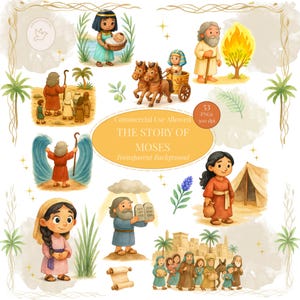 Conjunto de imágenes prediseñadas de Moisés: Antiguo Testamento PNG, personajes bíblicos en acuarela, ilustraciones de historias bíblicas para niños, lecciones de escuela dominical