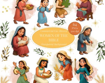 Women of the Bible Clipart Bundle, Bible People PNG, New & Old Testament Women, Watercolor Bible Story Illustrations, Children Sunday School
