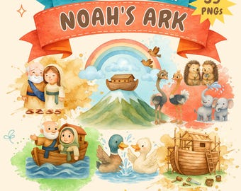 Conjunto de imágenes prediseñadas del Arca de Noé, imágenes PNG del Antiguo Testamento, ilustraciones de historias bíblicas para niños, paquete de imágenes prediseñadas cristianas, descarga digital para la escuela dominical.