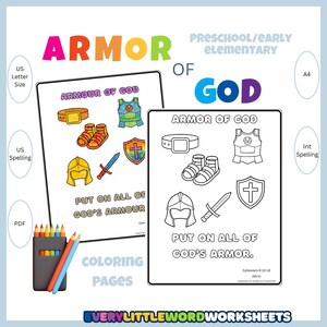 Peut inclure: Deux pages à colorier avec le texte "ARMOR OF GOD" et des illustrations d'éléments d'armure. Les pages comprennent une ceinture, une cuirasse, des sandales, un casque, une épée et un bouclier. Le texte "PUT ON ALL OF GOD'S ARMOR" est également présent. Une trousse avec des crayons de couleur est dans l'image.