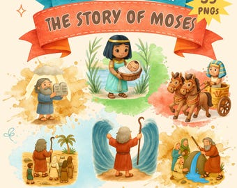 Conjunto de imágenes prediseñadas de Moisés – Antiguo Testamento PNG, Personajes bíblicos en acuarela, Ilustraciones de historias bíblicas para niños, Lecciones de escuela dominical