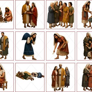 A collection grid of twelve biblical clipart images illustrating major events from the Book of Ruth. Scenes include Ruth and Boaz's wedding portrait, Ruth gleaning barley in the fields, the celebratory townspeople of Bethlehem, Boaz and Ruth sleeping at the threshing floor, and Ruth's loyalty to Naomi. Each image is a high-resolution 300 dpi PNG with transparent backgrounds for easy digital layering.