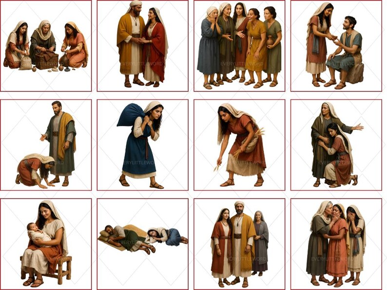 A collection grid of twelve biblical clipart images illustrating major events from the Book of Ruth. Scenes include Ruth and Boaz's wedding portrait, Ruth gleaning barley in the fields, the celebratory townspeople of Bethlehem, Boaz and Ruth sleeping at the threshing floor, and Ruth's loyalty to Naomi. Each image is a high-resolution 300 dpi PNG with transparent backgrounds for easy digital layering.