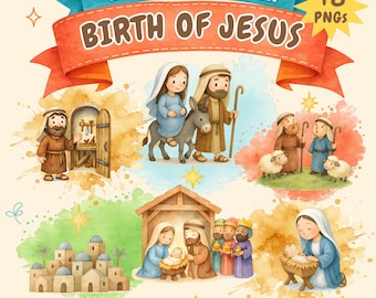 Pacchetto di clipart sulla Natività di Gesù, clipart della Natività, personaggi biblici in formato PNG, Re Magi, Nuovo Testamento, clipart cristiane