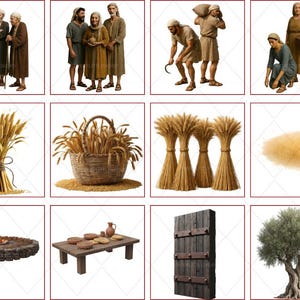 A digital preview page showing supplementary clipart from the Book of Ruth collection. The top rows feature groups of biblical elders, harvesters with sickles, and women carrying baskets. The bottom rows display individual high-resolution prop images including bundles of wheat (sheaves), a basket of grain, a pile of threshed barley, a stone fire pit, a rustic wooden table with bread, an ancient wooden door, and a detailed olive tree. All items are 300 dpi PNGs with transparent backgrounds.