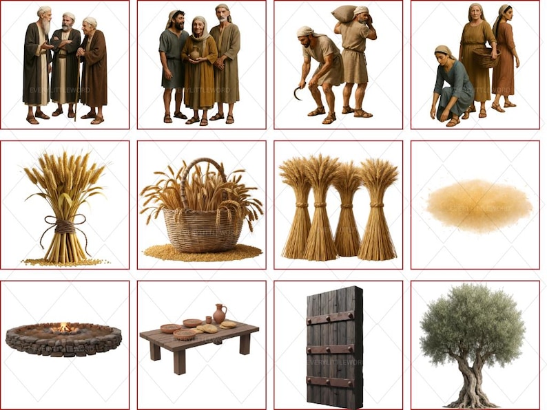 A digital preview page showing supplementary clipart from the Book of Ruth collection. The top rows feature groups of biblical elders, harvesters with sickles, and women carrying baskets. The bottom rows display individual high-resolution prop images including bundles of wheat (sheaves), a basket of grain, a pile of threshed barley, a stone fire pit, a rustic wooden table with bread, an ancient wooden door, and a detailed olive tree. All items are 300 dpi PNGs with transparent backgrounds.